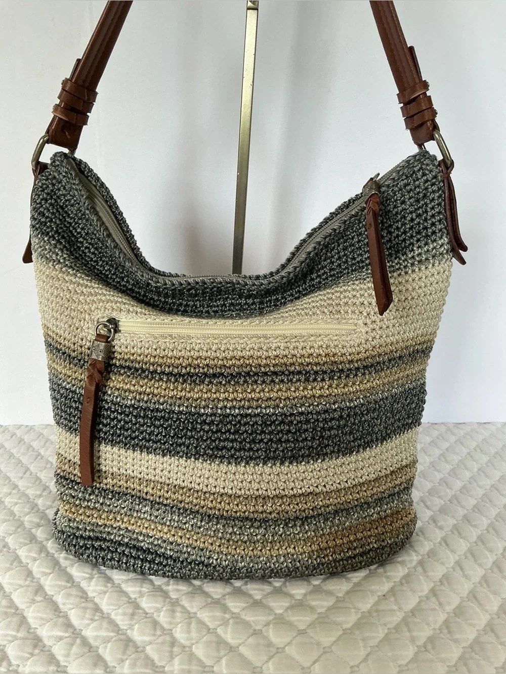 The Sak Sequoia Striped Crochet Hobo Bag in Brown and Cream